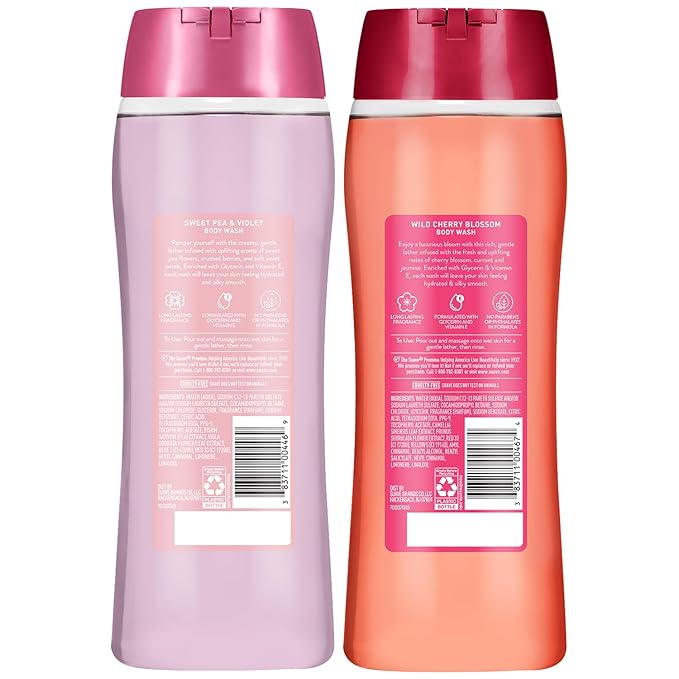 Suave Body Wash Variety 2-Pack, Sweet Pea & Violet + Wild Cherry Blossom – Gentle Body Washes with Floral Blend Oil Essence, 18 Oz Ea