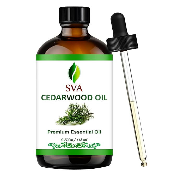 SVA Cedarwood Essential Oil – 4 Fl Oz – 100% Natural Cedar Juniperus Mexicana Oil - for Diffuser, Hair Care, Face, Skin Care, Aromatherapy, Scalp and Body Massage, Soap and Candles – with Dropper