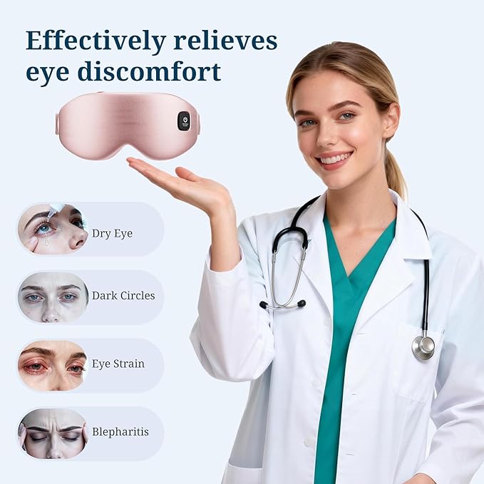 100% Silk Wireless Heated Eye Mask with Cooling, Relieves Dry Eye Syndrome and Puffy, Reduces Dark Circles, Adjustable Velcro Design and Washable Cover, Suitable for Travel & Gifts-Pink.