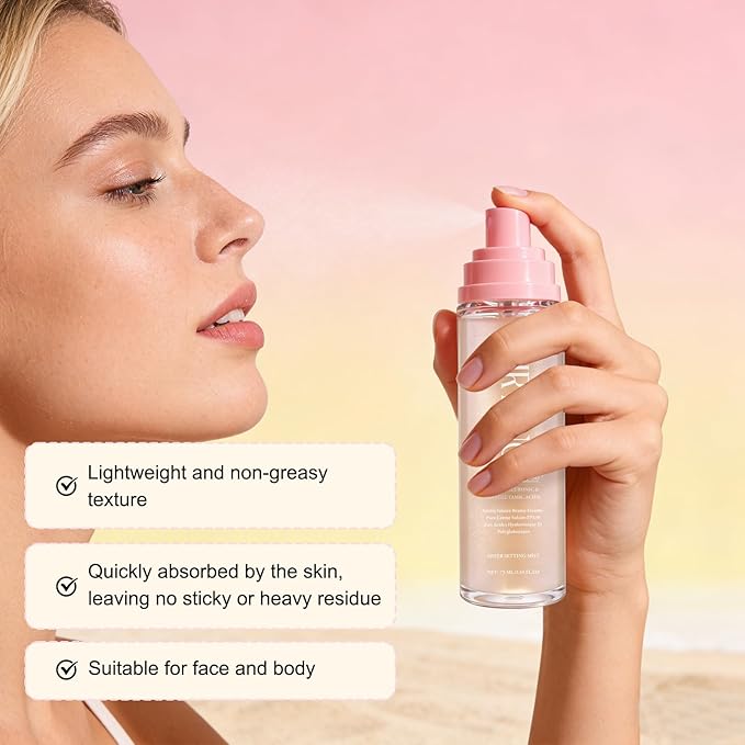 Sheer Setting Mist Sunscreen SPF 50, Makeup-Friendly Setting Mist with Hydrating Glow, Reef-Safe & Non-Greasy, Fast-Absorbing for Beach, Wedding, Travel (2pc)