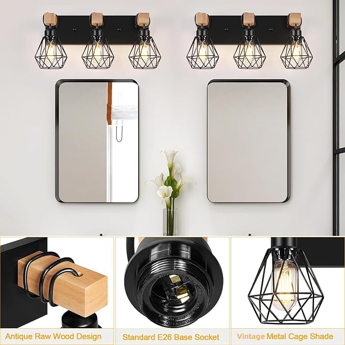 FadimiKoo 3-Light Farmhouse Bathroom Vanity Light Fixtures, Wood Bathroom Lighting Over Mirror, Black Vanity Lights with Metal Lampshade, Vintage Wall Light Fixtures for Bedroom, Living Room, Hallway