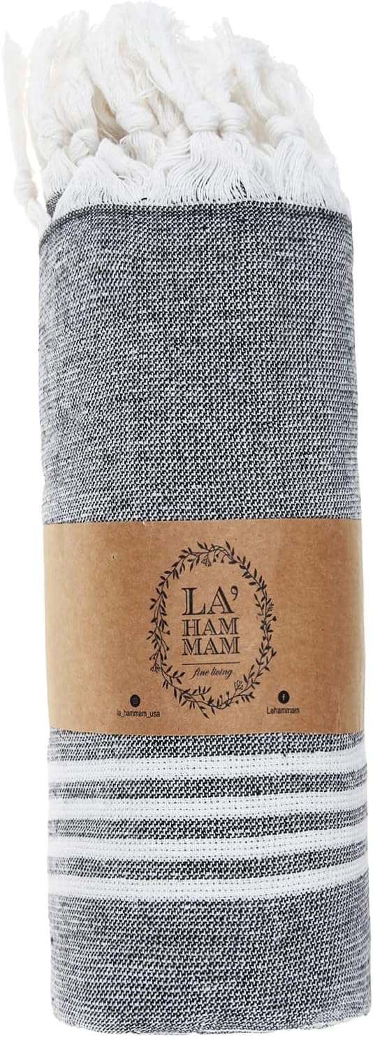 Beach Towel | Cotton Beach Towels, Easy to Carry, Sand Free, Highly Absorbent, Quick Dry, Turkish Towels for Travel Camping Bath Sauna Beach Gym Fitness Pool Yoga SPA by Lahammam, Asena, Black