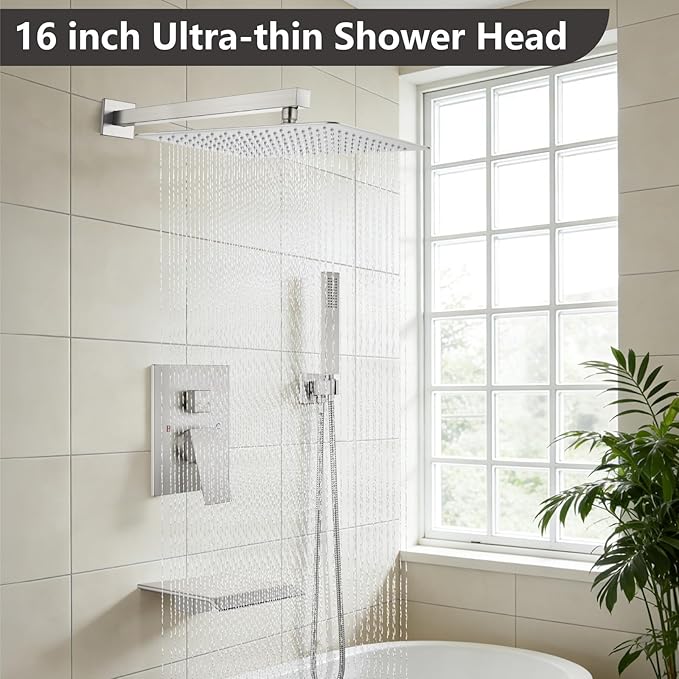 Midanya Shower System with Tub Spout,Bathtub Shower Faucet Set with Square Rainfall Head and Handheld Sprayer Wall Mount Tub Faucet Set with Valve and Trim Kit,16 Inch Brushed Nickel