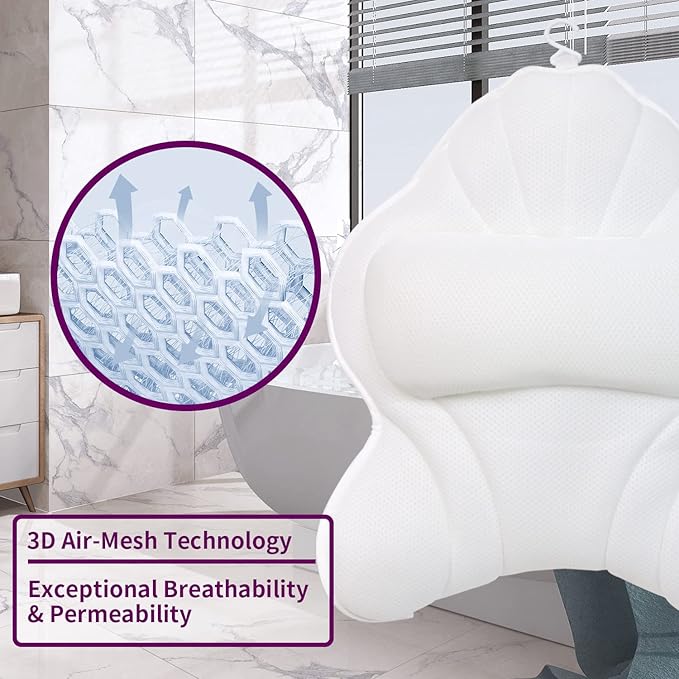 Poemland Extra Thick Large Bath Pillow with Neck,Back,Head Support for Bathtub, Spa, Soaking White(19''x15'')