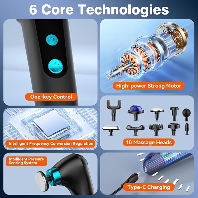 Back Massager with Heat & Cold Therapy, Foldable Deep Tissue Massage Gun for Back & Shoulders, Cordless Percussion Massager for Pain Relief, 9 Speeds, 10 Heads