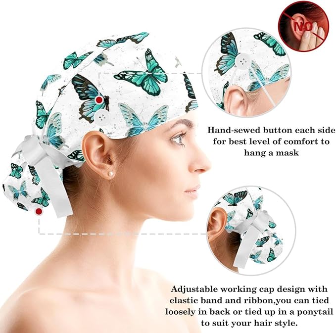 Adjustable Brown Dachshund Dog Blue Surgical Scrub Cap with Button,Sweatband for Women with Bow Hair Scrunchy