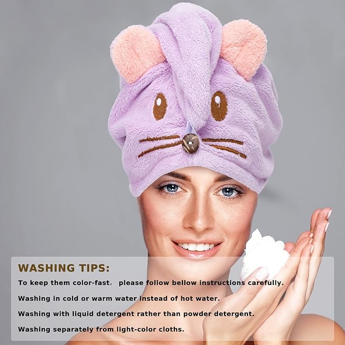Whaline 2 Pack Parent-Child Quick Dry Hair Towel Cute Mouse Hair Towel Wrap Purple Pink Cotton Hair Turban Towels Super Absorbent Hair Drying Towel for Women Parent Kids Curly Long Thick Hair