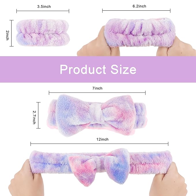 CIEHER 12 PCS Makeup Headband for Women Wrist Washband Scrunchies Cuffs for Washing Face, Soft Bow Hair Band Matching Wristbands, Colorful & White DIY Spa Headband Coral Fleece