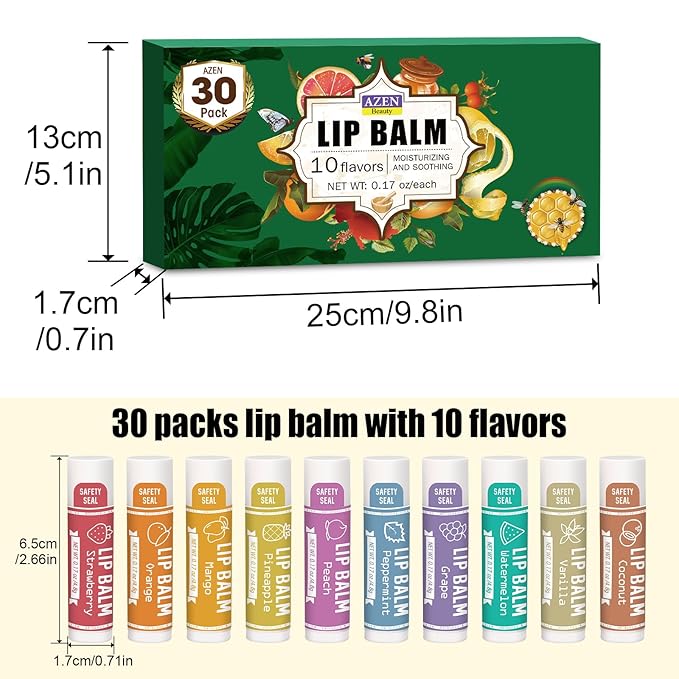 AZEN 30 Pack Lip Balm, Natural Lip Balm Bulk, Lip Care Product, Moisturizing Lip Balms for dry cracked lips, Mothers Day Gifts Easter Basket Stuffers - 10 Flavors