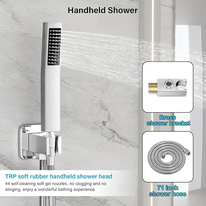 FPXRNG Shower Faucet Set Bathroom Square Rain Shower Head and Handle Set, Wall Mounted Shower Fixtures, Full Metal Trim Repair Kit 12 inch Polished Chrome (With Shower Valve)