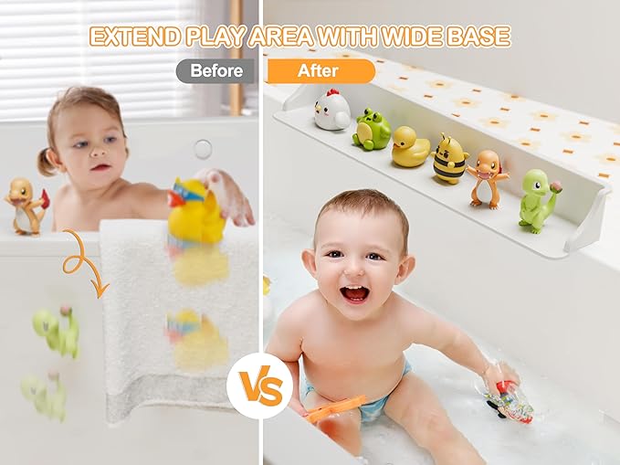 Cushore 3-Ft Bathtub Splash Guard PlayPad with Strong Suction Cups, Toy Tray Caddy Holder Storage, No-Leak, Mess-Free Bath Time for Kids, White