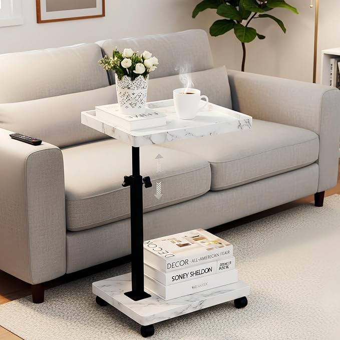 C Table End Table Adjustable Height,C Shaped End for Couch，Snack Tables,360°Swivel TV Tray Sofa Table,Tables that Slide Under,Coffee SideTable for Bed,Chair,Bath-tub (White Grain Color)