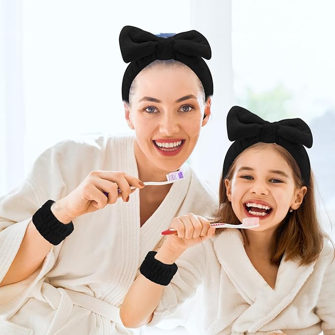 CIEHER 12 PCS Black Makeup Headband for Women Wrist Washband Scrunchies Cuffs for Washing Face, Soft Bow Hair Band Matching Wristbands, Spa Headband Coral Fleece