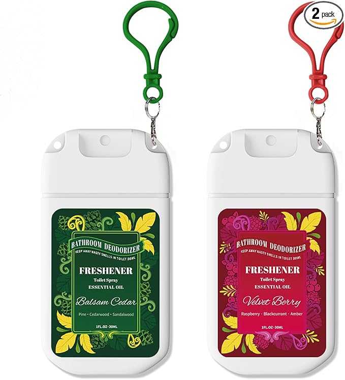 Travel Size Toilet Spray, 2 Pack Air Freshener Spray for Bathroom Deodorizer, Travel Essentials Variety with Removable Hook - Cedar and Berry Scent