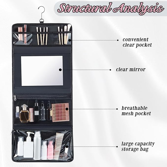 Travel Hanging Toiletry Bag with Mirror Leather Travel Hanging Mirror Foldable Dance Competition Makeup Bag Backstage Cosmetic Organizer for Traveling Dancers Spa(Classic,Pink)