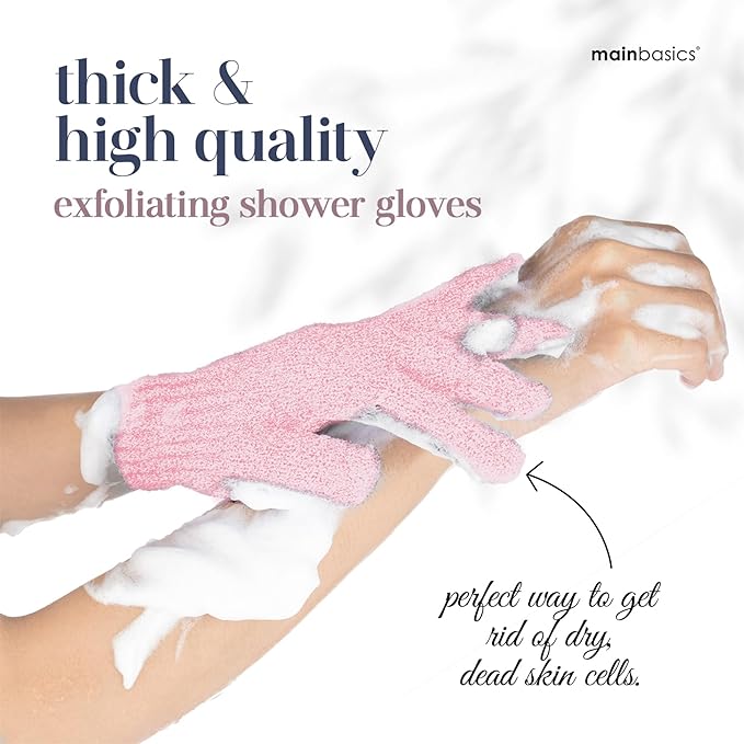 MainBasics Deep Exfoliating Bath Gloves - Heavy-Textured Nylon Shower Scrub for Dead Skin Removal - Machine Washable (1 Pair, Soft Pink)