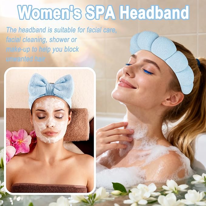 Zkptops 6Pcs Spa Headband for Washing Face Wristbands Set Women Bubble Makeup Sponge Terry Cloth Padded Puffy Skincare Headband Bow Tie Hairband Cute Non Slip Thick Hair Accessory Gifts (Blue)