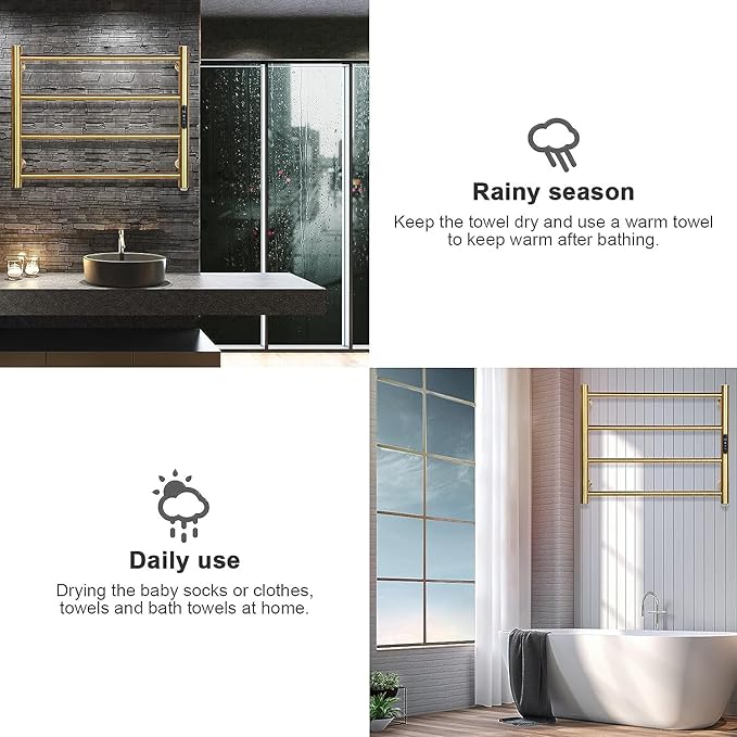 Heated Towel Rack Gold, 4 Bars Towel Warmer Rack for Bathroom Wall Mounted, Timer & Temperature Control Electric Towel Drying Rack (4 Bars Brushed Gold D, Plug-in)