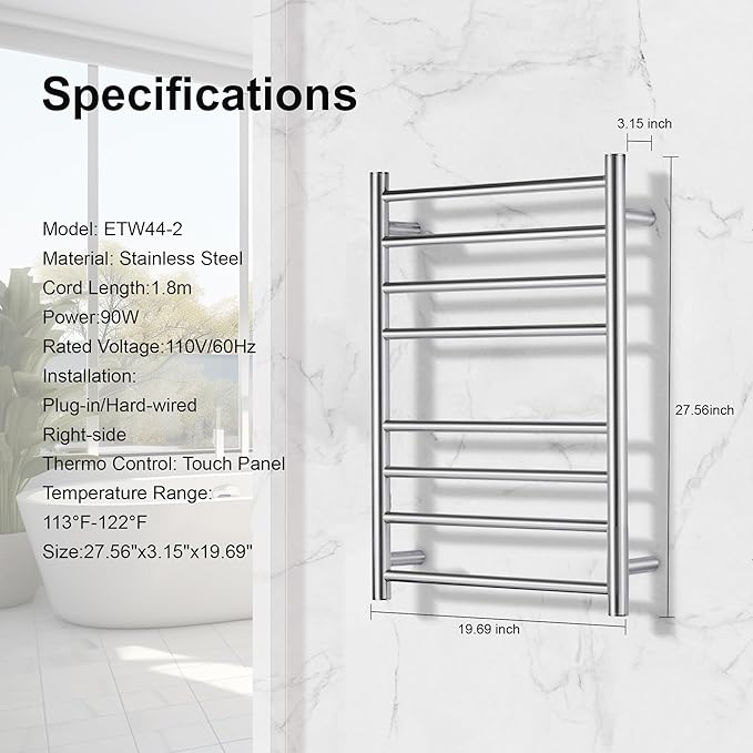 Towel Warmer Polished Chrome for Bathroom Wall Mounted Drying Rack Plug-in Electric Heated Towel Rack Stainless Steel Round 8 Bars Bath Towel Heater with Single Press