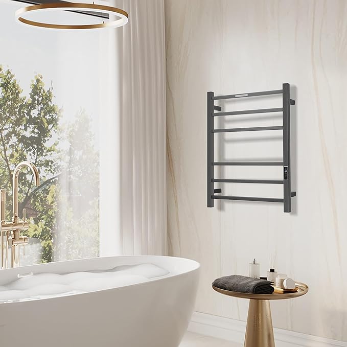 Electric Heated Towel Warmer - Wall Mounted Bathroom Towel Rack, Plug-in Design & Brushed Stainless Steel Finish Gunmetal with Timer & Temperature Control 6 Bar