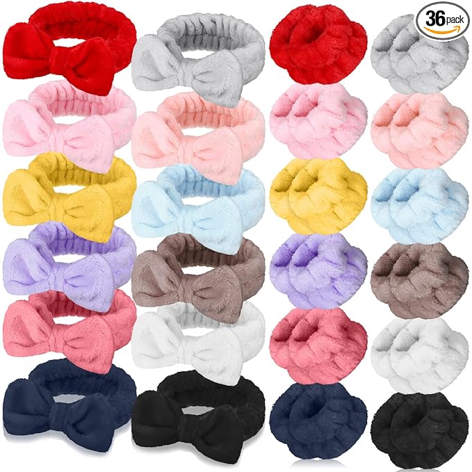 Janmini 36 Pcs Spa Headband and Wristbands Set for Washing Face Facial Spa Hair Wraps Makeup Skincare Bath Winter Gifts 12 Pcs Flannel Hairbands 24 Wristbands for Women Girls(Solid)