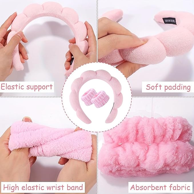 Spa Headband and Wristband Set for Women,Terry Cloth Sponge Headband for Washing Face,Makeup,Facial Mask and Skincare (Blue, One Size)