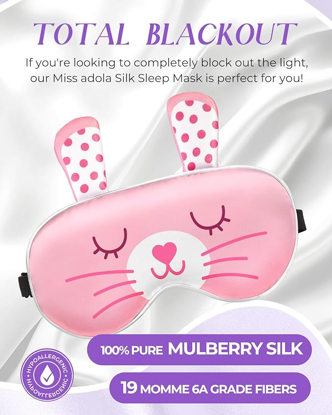 Miss Adola Sleep Mask for Kids - Valentines Gift for Kids Cute Silk Eye Cover for Sleeping Soft Kawaii Eyeshade Animal Eye Blindfold with Adjustable Strap for Girls Teens, Rabbit