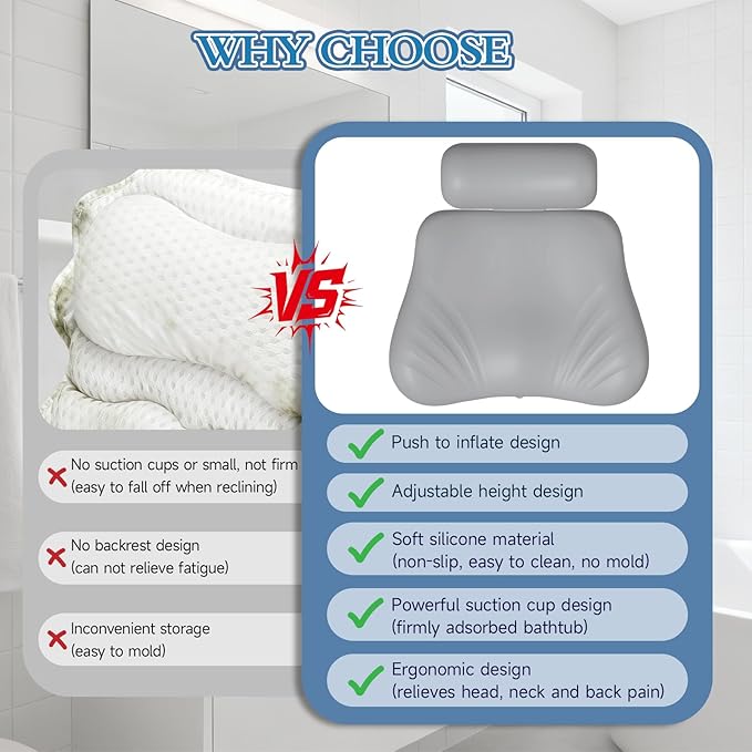 Upgraded Silicone Bath Pillow, 4D Press Inflatable Airbag and Non-Slip Large Suction Cups, Adjustable Head Neck and Back Support, Comfortable Luxury Bath Pillows for Tub, Bath Spa Accessories Gray