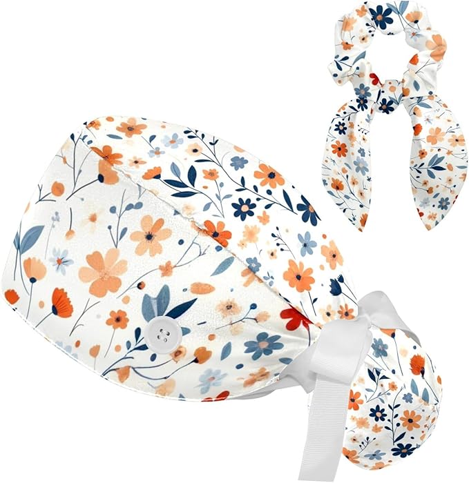Scrub Caps Women Nursing Hats Floral Flowers with Buttons Ponytail Working Adjustable Pouch Tie Back