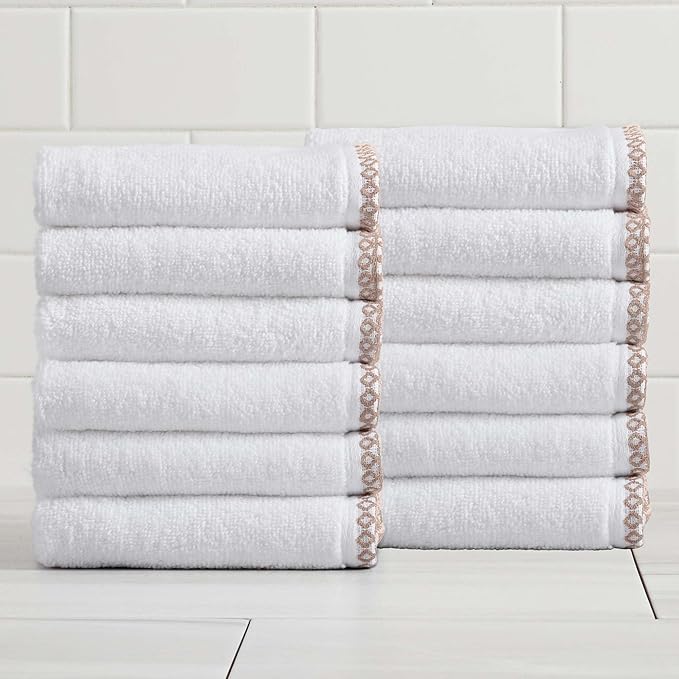 Great Bay Home White/Rosewood Washcloth Set - Ultra-Soft Cotton, Boho-Chic Border Design - 12 Washcloths (13" x 13") - Absorbent, Quick-Dry, Lightweight Bathroom Towels
