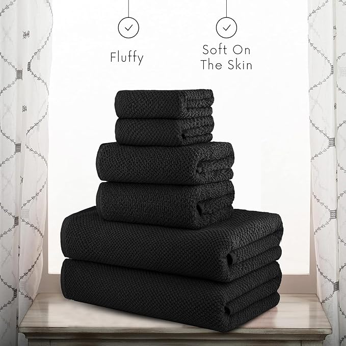 CASA COPENHAGEN EcoPop 6Pcs 100% Cotton Large Designer Towels Gift Set- Black, 550 GSM, 2Bath 2Hand 2Washcloths, Bath Towels for Bathroom Set for Women & Men