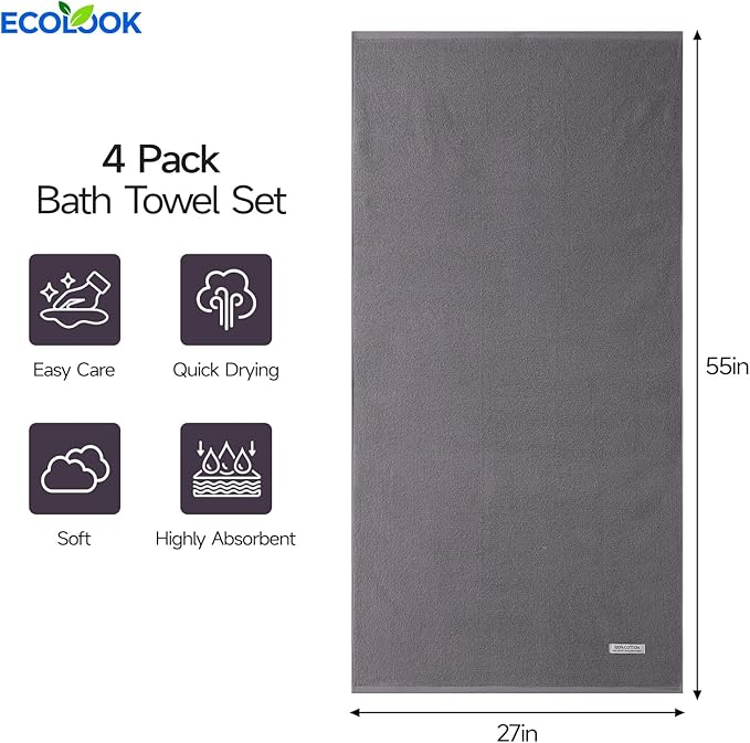 ecolook Bath Towels Set of 4,100% Cotton,27 x 55 Inches,Quick-Drying & Absorbent,Soft,Lightweight Towels for Bathroom,Shower,Spa, Gym & Hotel,Gray Purple
