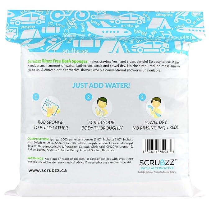 Scrubzz Disposable No Rinse Bathing Wipes - All-in-1 Single Use Shower Wipes, Simply Dampen, Lather, and Dry Without Shampoo or Rinsing (Unscented, 2-Pack)