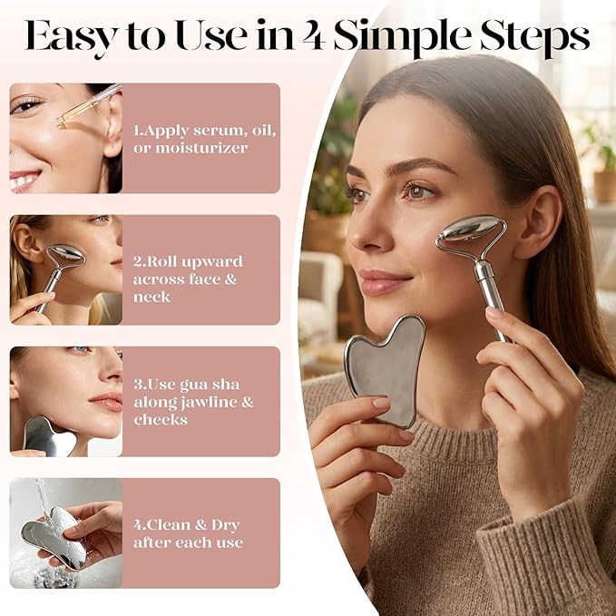 BAIMEI Stainless Steel Gua Sha & Face Roller Set, Facial Massage Tool for Face, Neck and Body, Cooling Metal Skin Care Tools for Depuffing Routine,Self Care Gift for Women