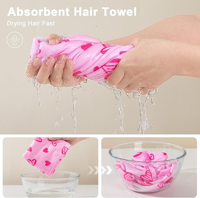 Unicorn Castle Microfiber Hair Towel for Kids 2Pack Hair Wrap Towels Absorbent Hair Drying Towel Wrap Hair Turbans for Curly Thick Hair,Pink Blue Heart