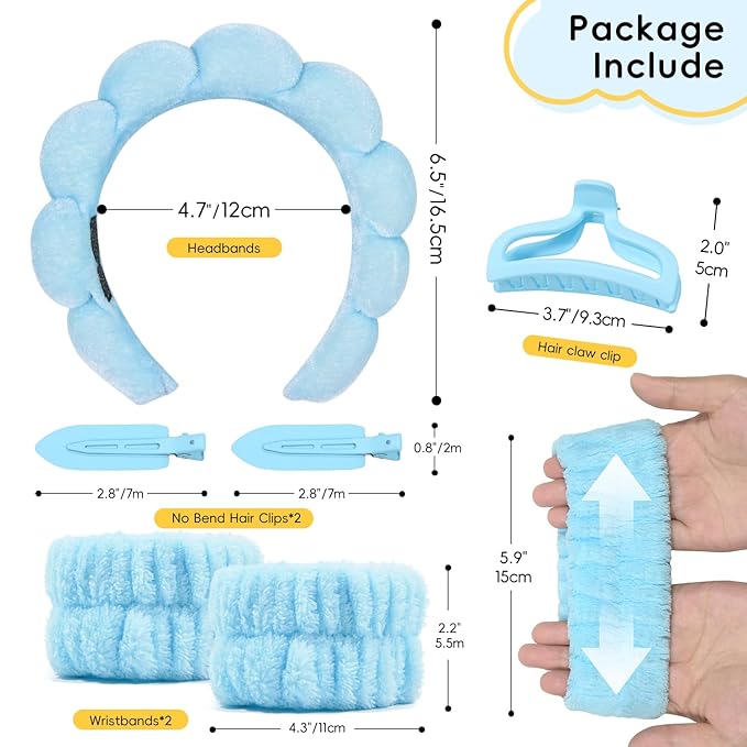 my novel things Spa Headband For Washing Face, Skincare headband and Wristband set With Hair Clips for Women Girls, Soft-Puffy Velvet Makeup Headbands Hair Band