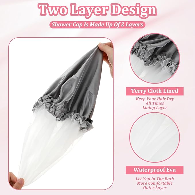 1 Pc Reusable Shower Cap for Women, Grey Double Layer PEVA Lined Waterproof Bath Caps with Adjustable Drawstring, Hair Cap for Short Hair (Spa & Home Use)