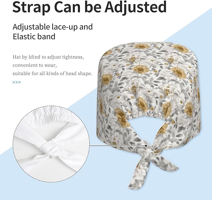 Scrub Cap for Women and Men Boho Black Leaf Pattern Adjustable Breathable Sweatband Hat for Work Kitchen Spa Shower Daily Use