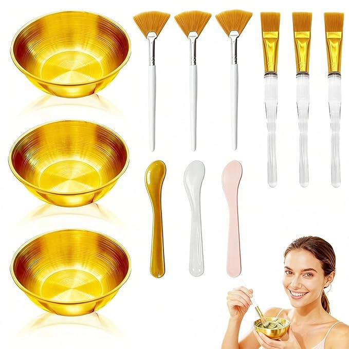 12 Pcs Gold Facial Bowl and Brush Set - 3 Stainless Steel Mixing Bowls, 3 Flat Brushes, 3 Fan Brushes, 3 Mask Applicators - Complete Esthetician Kit for Professional Spa & DIY Skincare