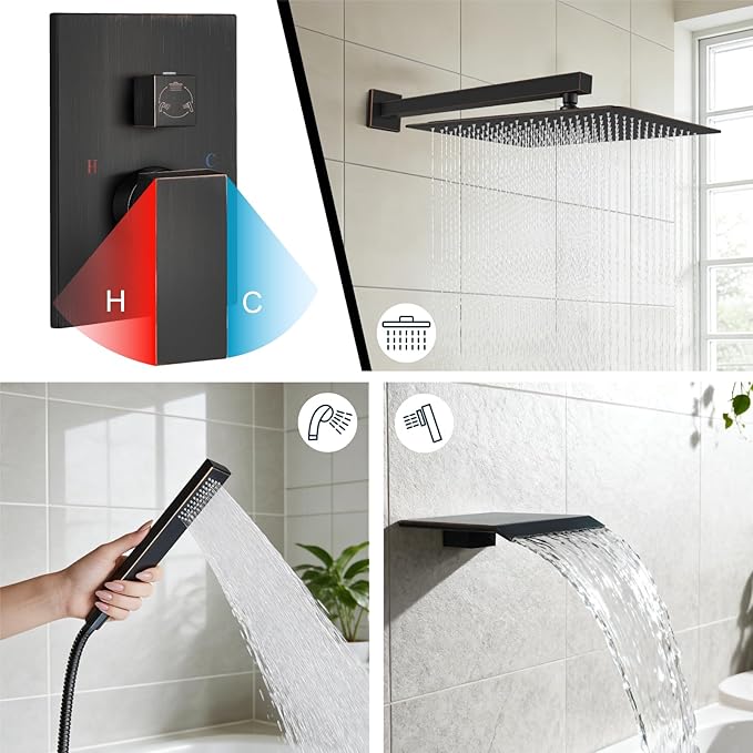 Midanya Shower System with Tub Spout,Bathtub Shower Faucet Set with Square Rainfall Head and Handheld Sprayer Wall Mount Tub Faucet Set with Valve and Trim Kit,16 Inch Oil Rubbed Bronze