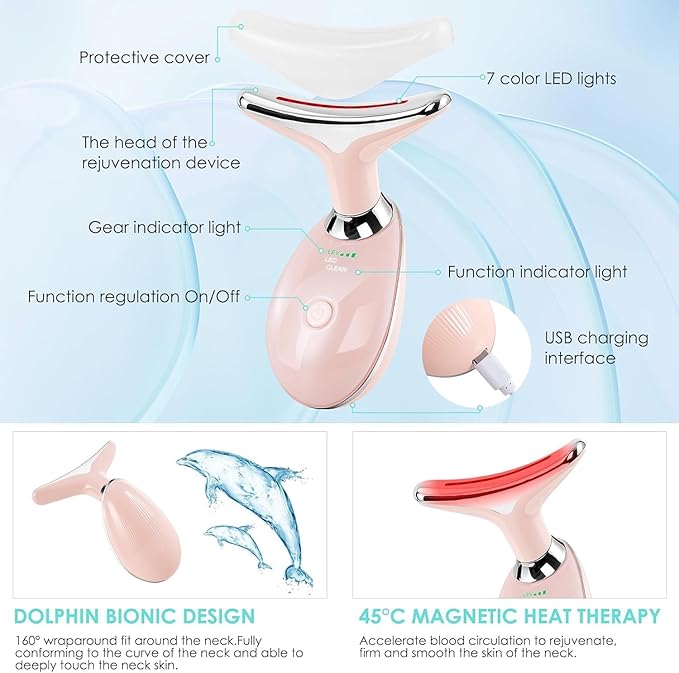 Facial Massager Red-Light-Therapy-for-Face and Neck, Face 𝖲 culpting Wand with 7 Color (Bright Pink)