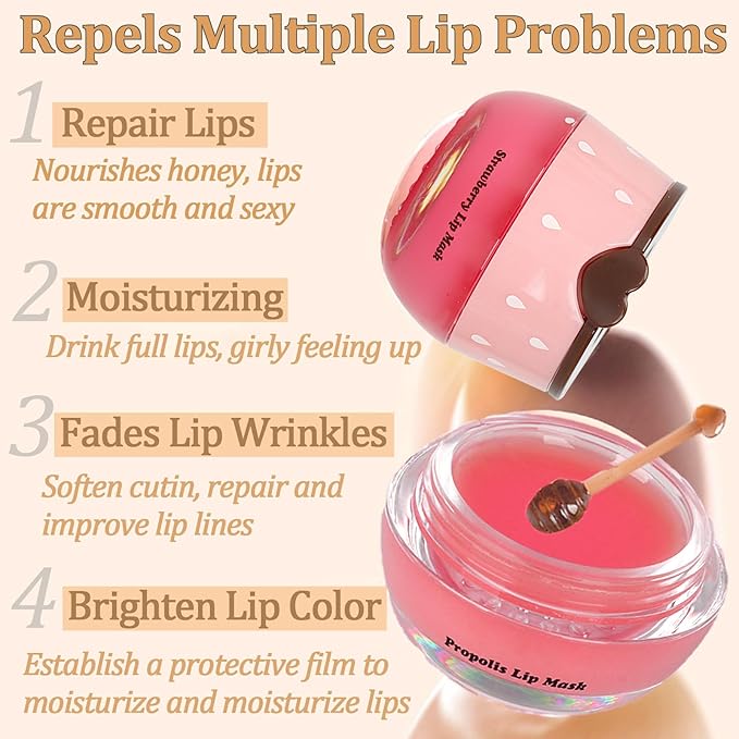 3 PCS Bee Lip Balm Lip Mask Honey Pot, Mothers Day Gifts, Honey & Strawberry & Watermelon Lip Sleeping Mask Overnight Moisturizing Honey Lip Balm, Teacher Appreciation Gifts, Birthday Party Favors