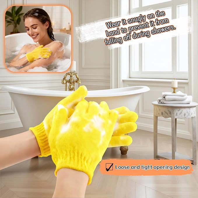 Exfoliating Shower Gloves, 2 Pairs Reinforced Nylon Bath Scrubbing Mitts, Orange and Yellow, One Size Fits All, Body Cleansing Massage