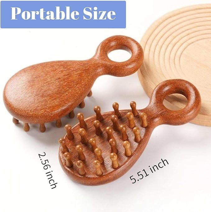 Sandalwood Head and Scalp Massager Comb, Wide Tooth Wooden Gua Sha Tool with Ergonomic Handle for Stress Relief, Headache, Neck and Shoulder Relaxation