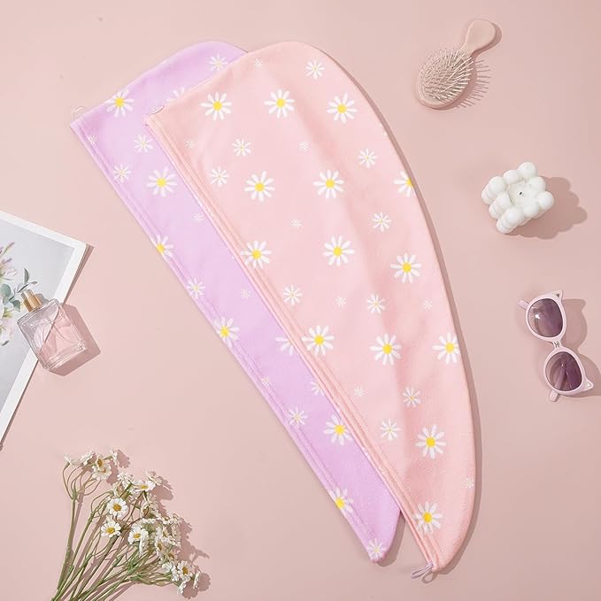 Unicorn Castle Microfiber Hair Towel for Kids 2Pack Hair Wrap Towels Absorbent Hair Drying Towel Wrap Hair Turbans for Curly Thick Hair, Purple Pink Daisy