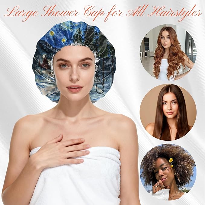 Shower Cap Reusable Double Layer Adjustable Elastic Waterproof EVA Hair Bath Caps for Women Girls Cute Aesthetic-Starry Night