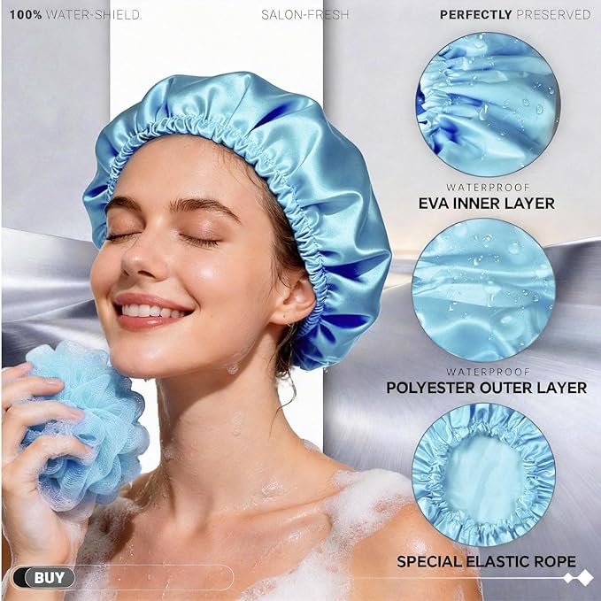 Smilco 4 Pack Shower Caps for Women, Reusable Waterproof Double Layer Bath Cap, Large EVA Elastic Hair Cover for Shower, Fits Long Hair & Braids, for Spa & Home