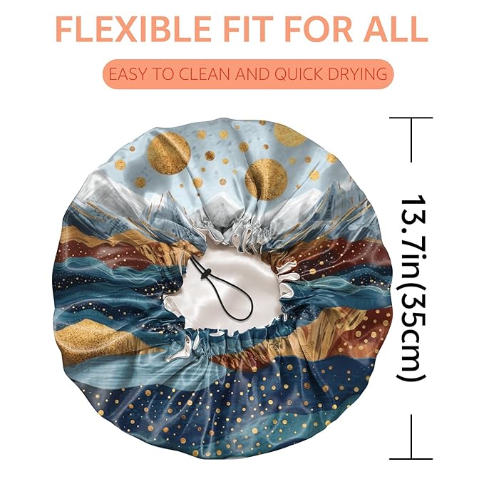 Shower Cap Reusable Double Layer Adjustable Elastic Waterproof EVA Hair Bath Caps for Women Girls Cute Aesthetic-Mountain