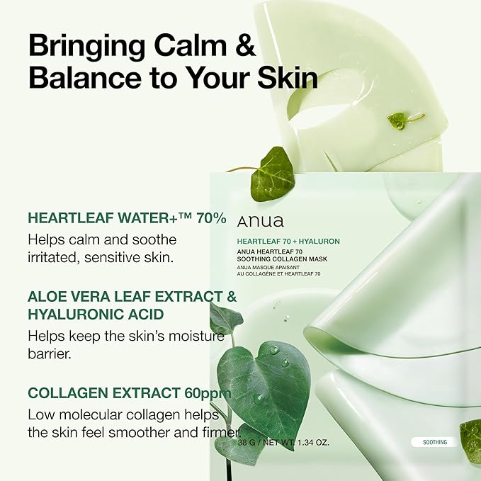 Anua Heartleaf 70 Soothing Collagen Mask, Overnight Face Mask for Sensitive Skin, Hyaluronic Acid, Hydrating Facial Mask, Redness Relief, Natural Color, Korean Skincare, 1.34 fl.oz/4ea