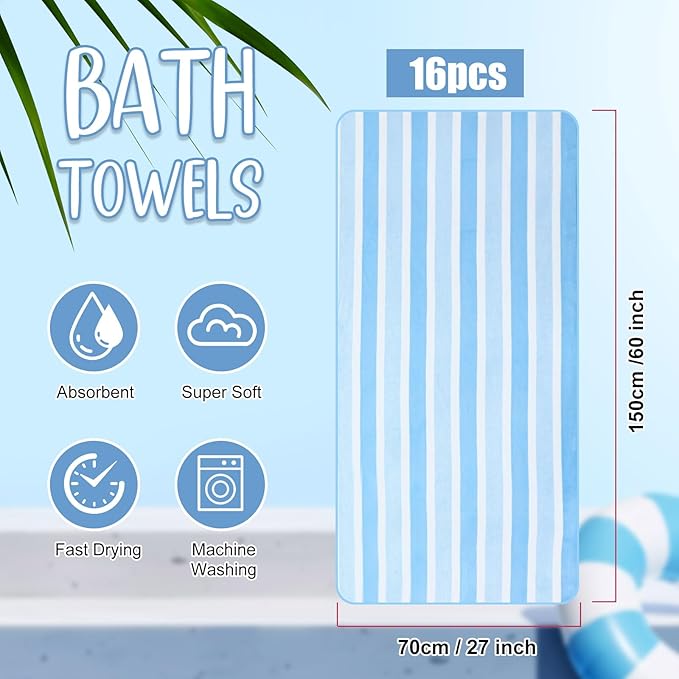 SmoothNovelty 16 Pack Microfiber Bath Towels Bulk 27'' x 60'' Oversized Size Bath Towel Highly Absorbent Extra Large Soft Drying for Beach Shower Summer Salon Sport Gym Party (Wide Stripes,Blue)